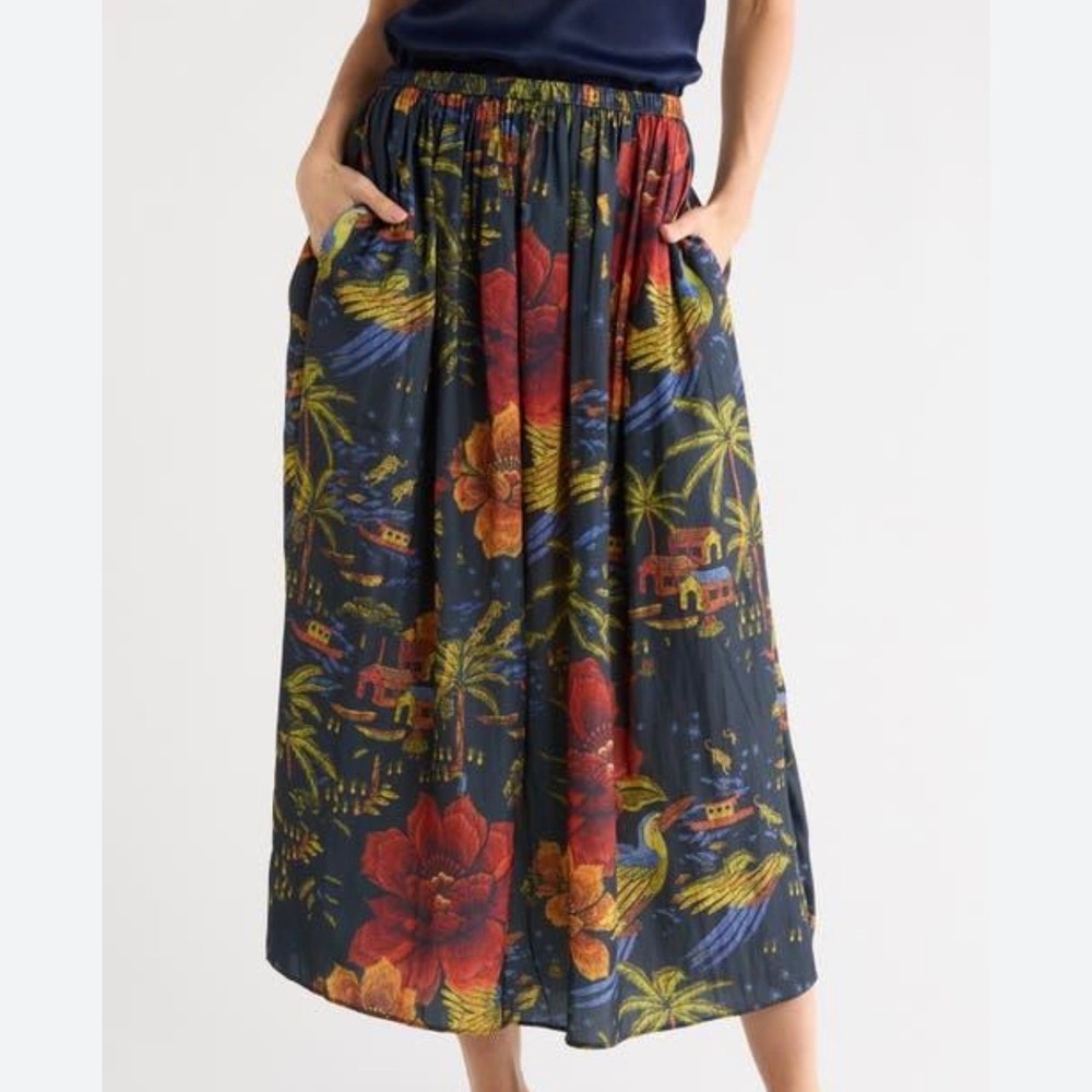 T Tahari Womens Tropical Floral Toucan Leopard Maxi Skirt Black L Elastic Waist